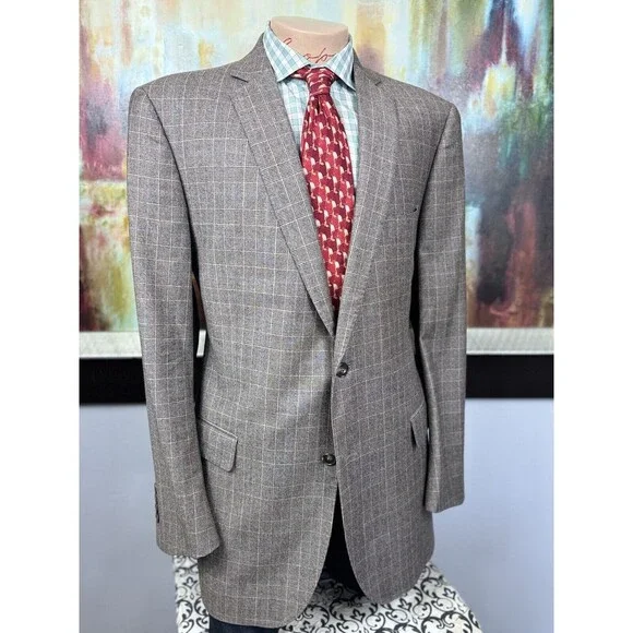 J Hilburn Mens Brown Glen Check Soft Wool Blazer 46L MSRP $1299